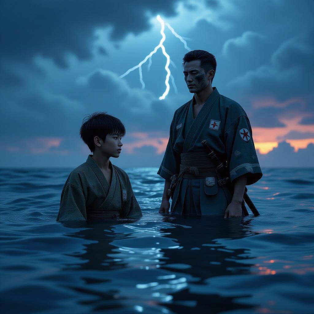 Mystical Ocean Twilight: Boy with Father Figure in Dual Sky