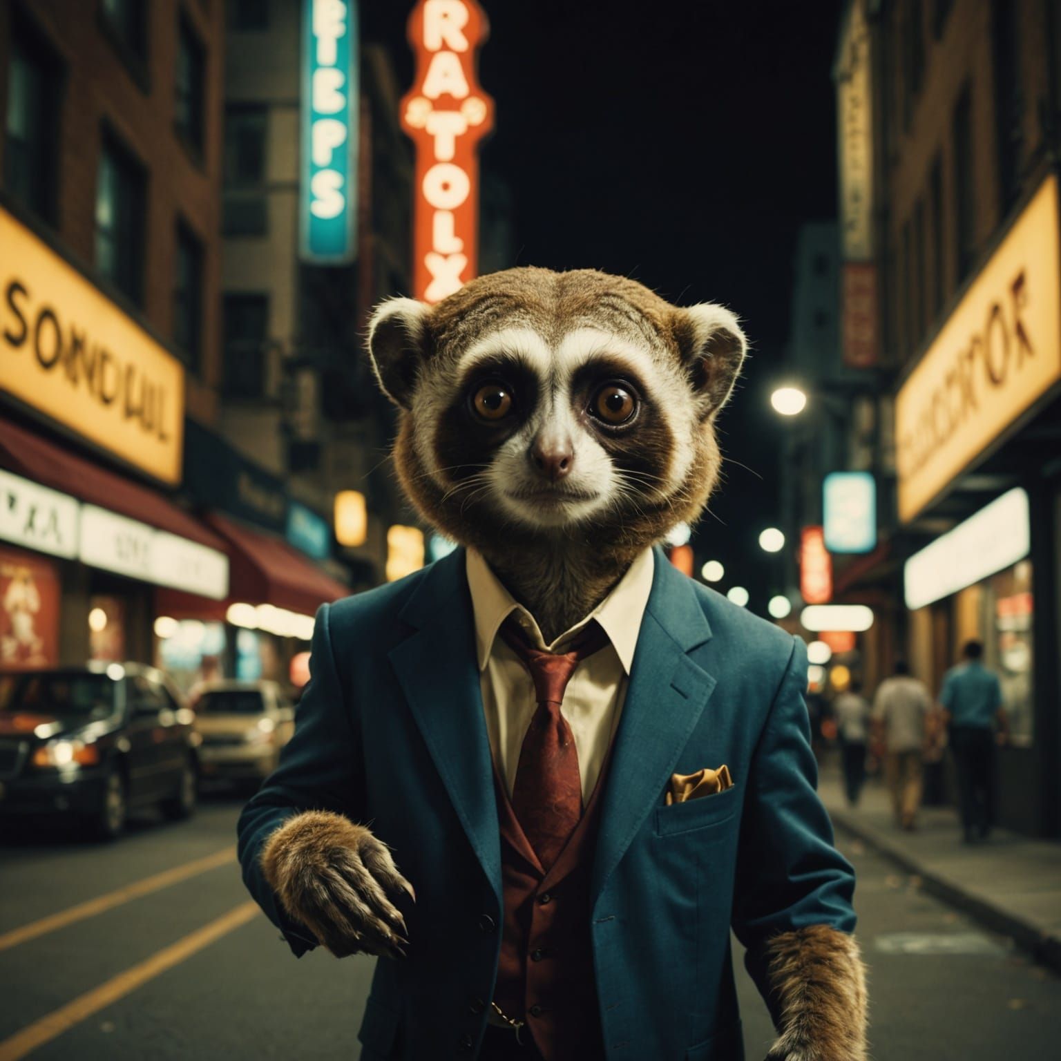 Suave Slow Loris Hits the Town: Cinematic Film Still