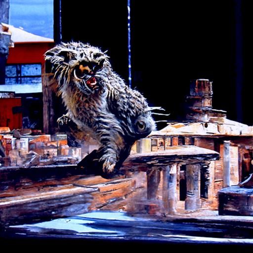Kaiju Pallas Cat City Attack, Oil Painting Style