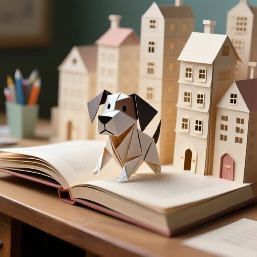 Whimsical Paper Dog Navigates Miniature Cardstock City