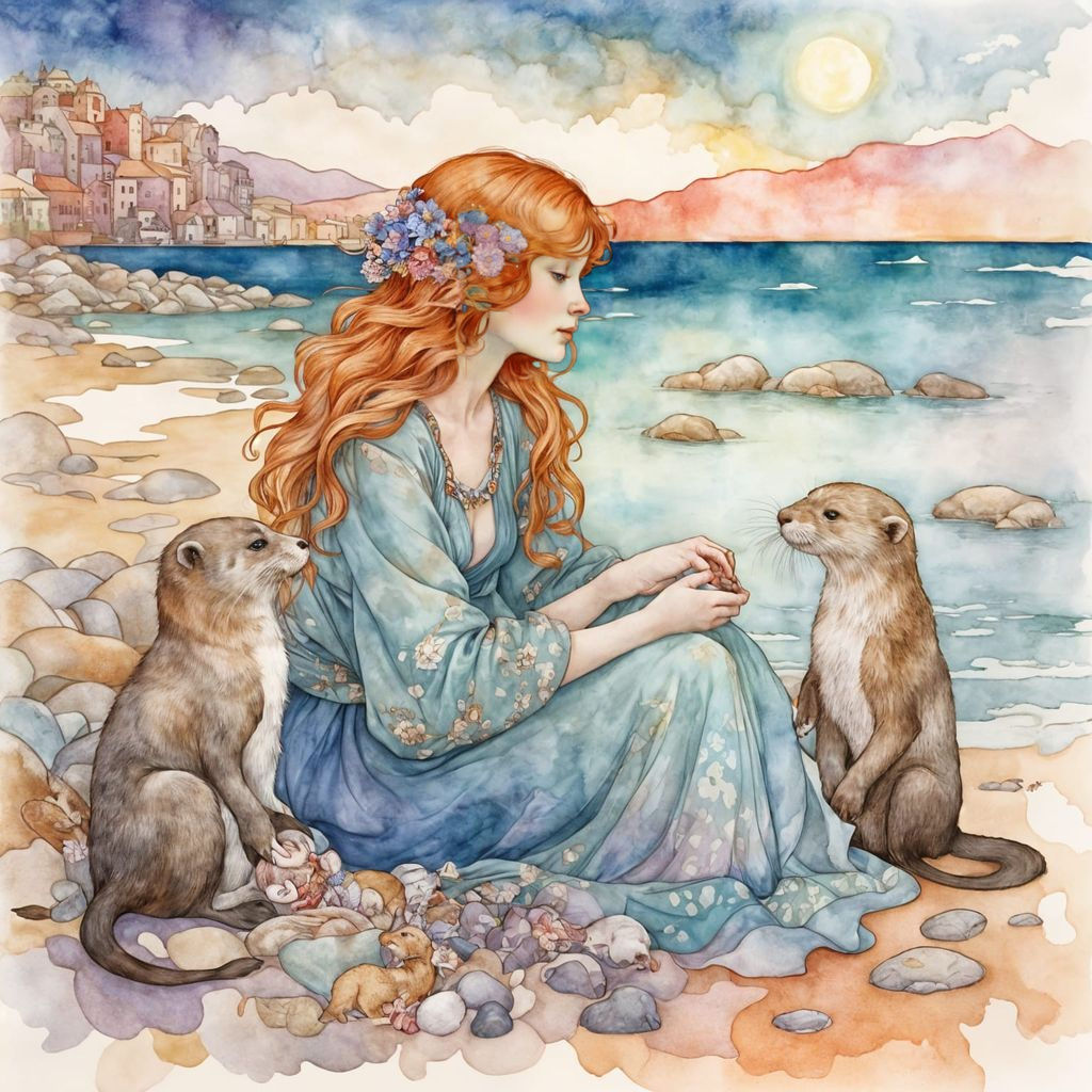 Girl with Otters: Klimt and Mucha Inspired Watercolor