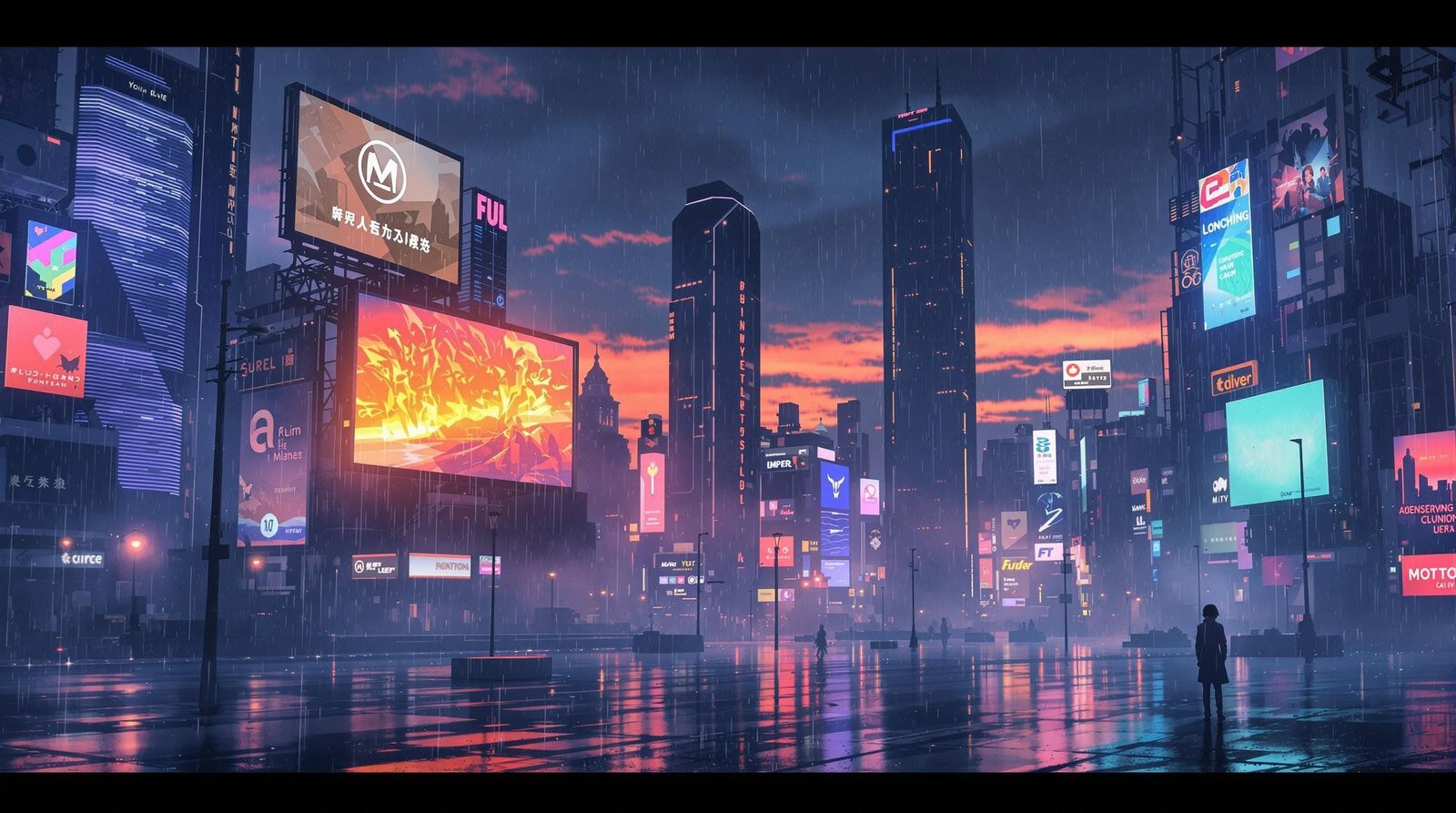 Sleek Cityscape at Dusk, with Neon Lights and Rainy Reflecti...