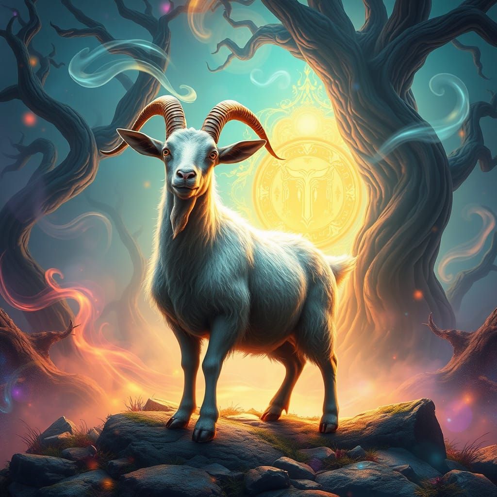 Whimsical Goat Hero in Mystical Dreamscape