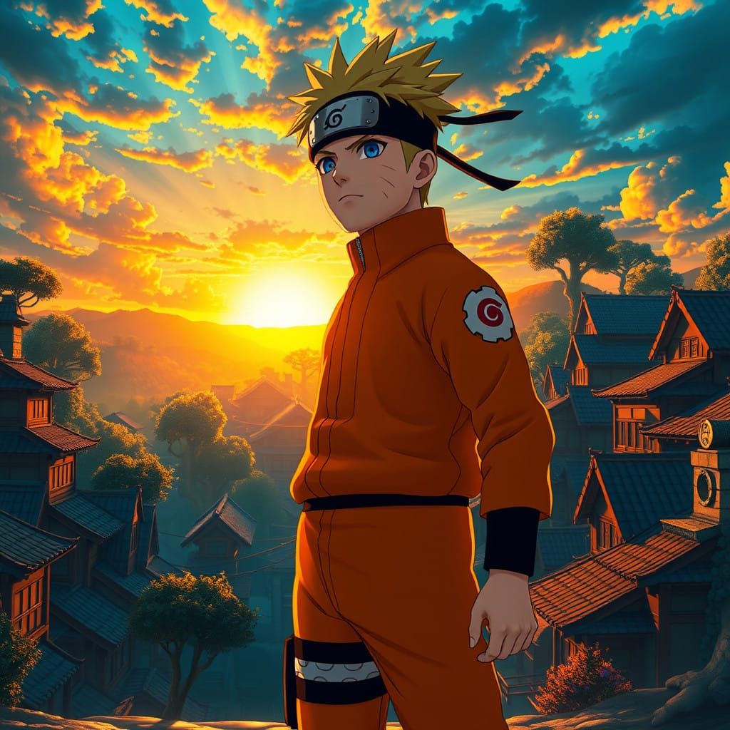 Heroic Naruto Against Sunset Hidden Leaf Village