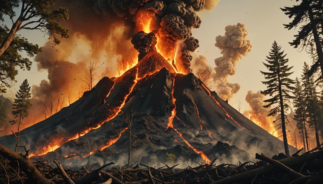 Volcano Eruption Burns Forest: Hyperrealistic Landscape