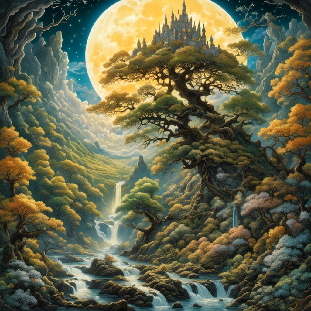 Enchanted Valley Panorama with Elf in Fantasy Landscape