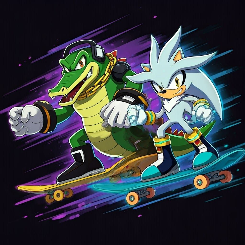 Futuristic Duo: Vector and Silver Skate in Neon City