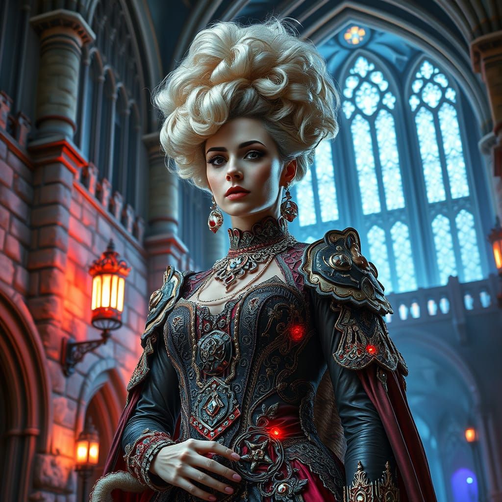 Cyberpunk Woman in Ornate Attire at Cyberpunk Castle