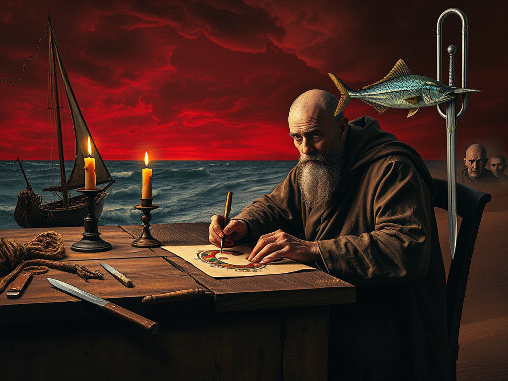 Monk Writes Letter with Swordfish, High-Contrast Photo