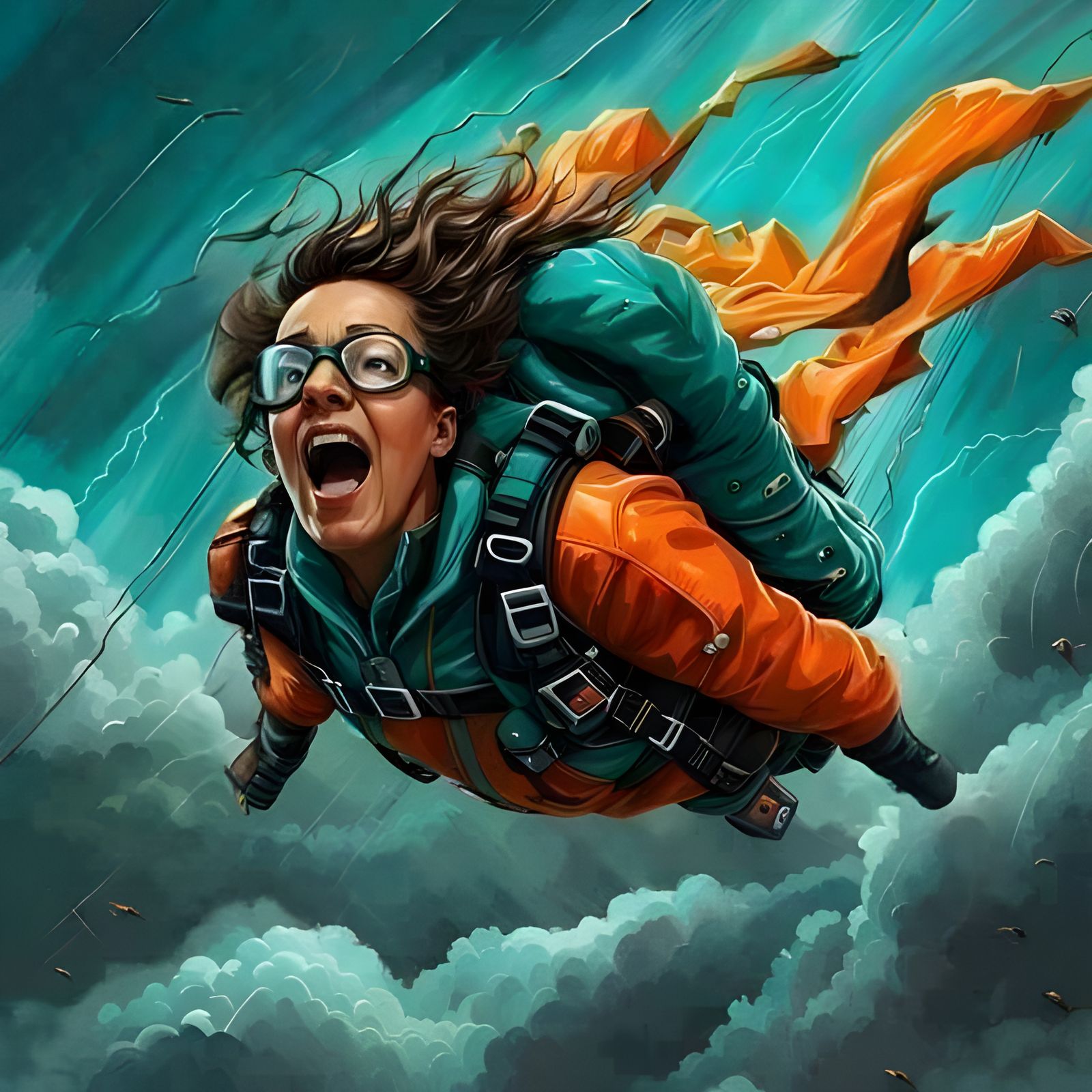 Skydiver in Stormy Sky, Hyperrealistic Watercolor