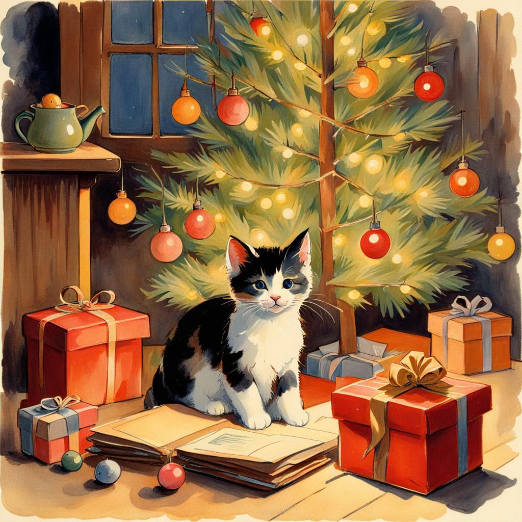 Charming Kitten Opening Christmas Present, Illustrated Style