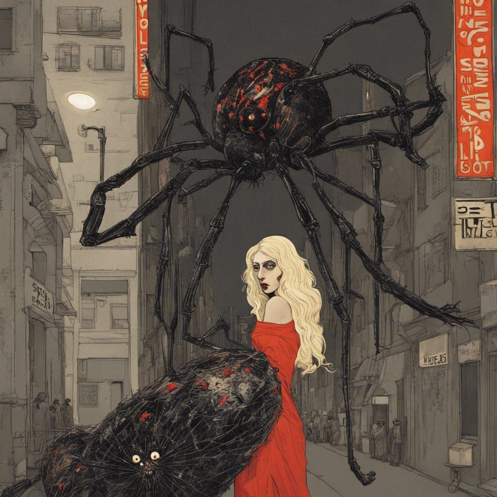 Frightened blonde woman morgue de la rue big black spiders w...