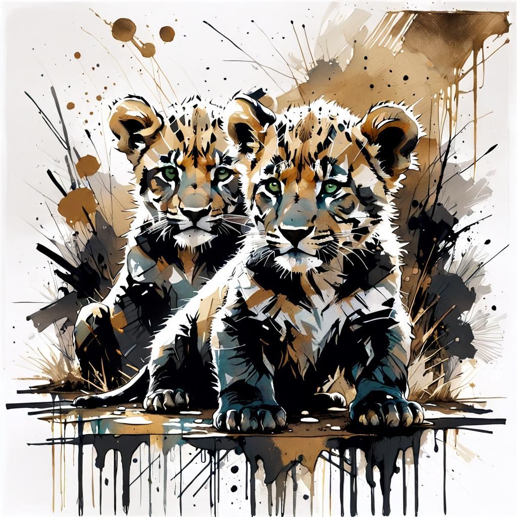 Lion Cubs in Savannah: Washed Ink and Watercolor