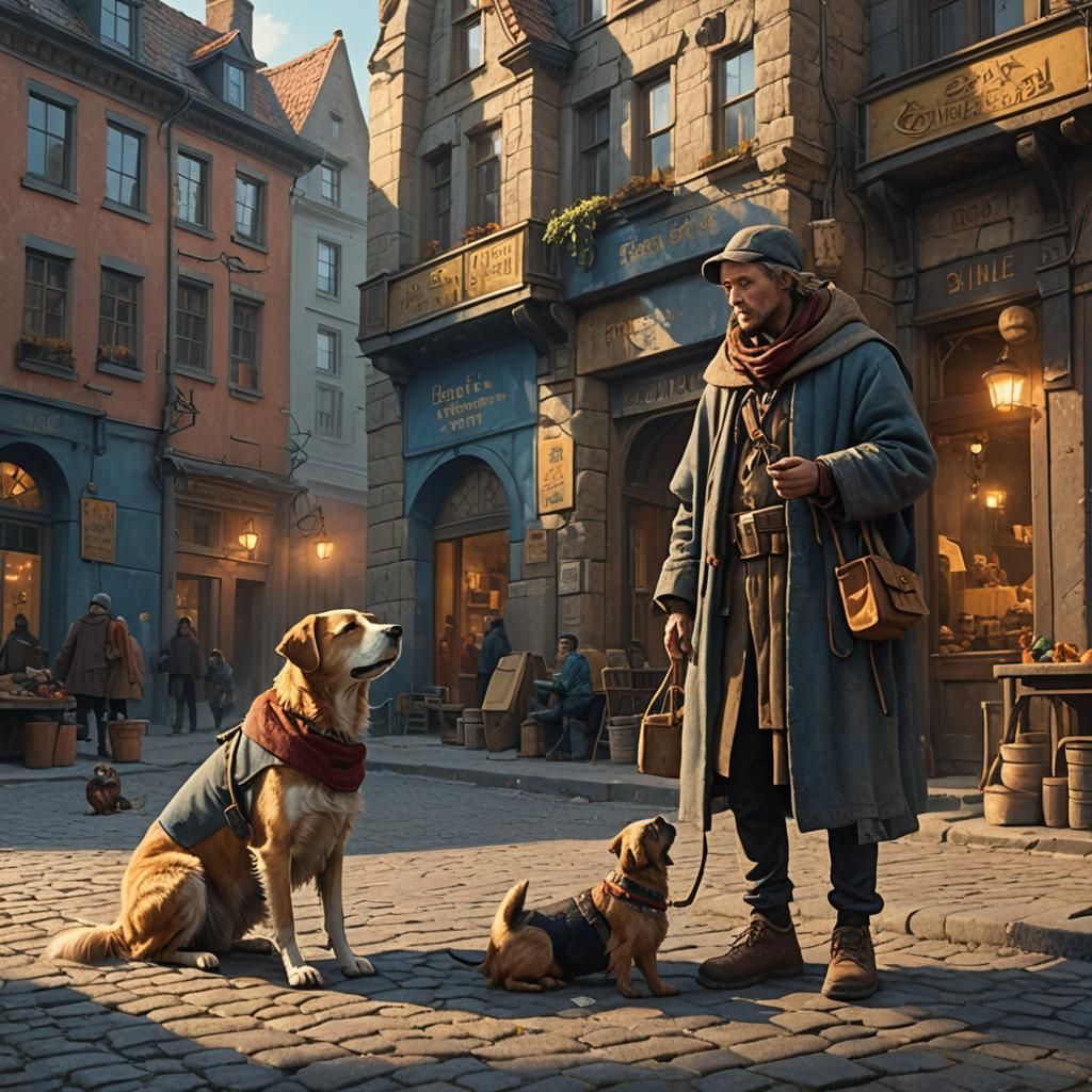 Beggar Asks for Alms in Sunlit Town Square