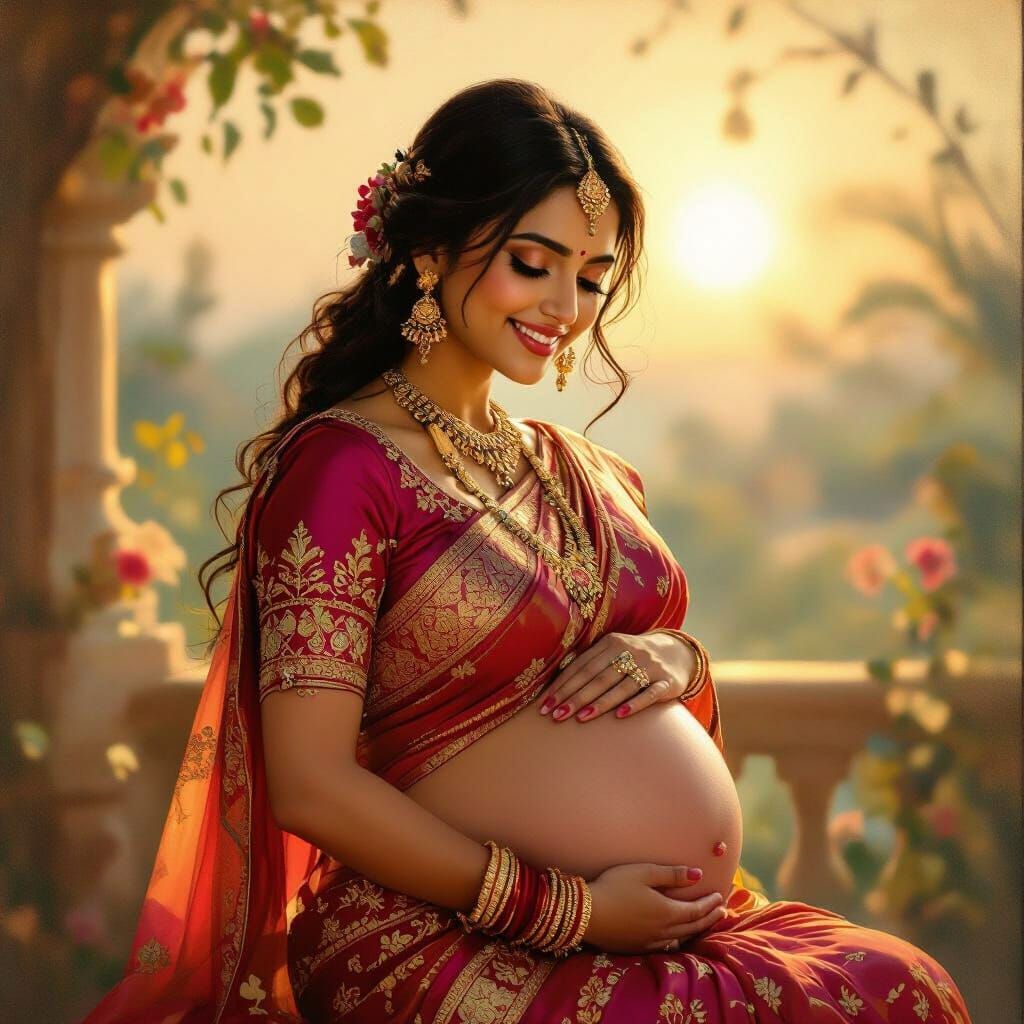 Radiant Pregnant Indian Woman in Sunrise Glow