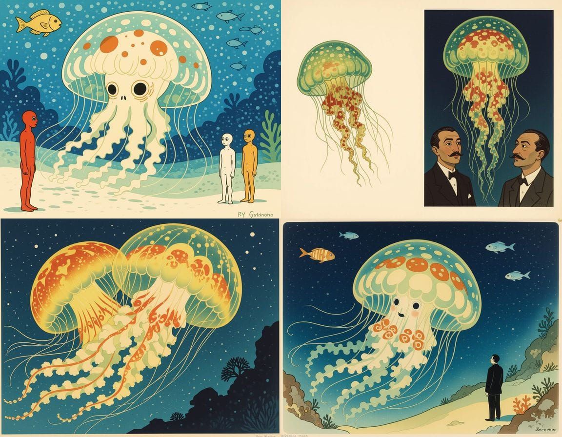 Horror Jellyfish in Deep Sea: Surrealist Painting