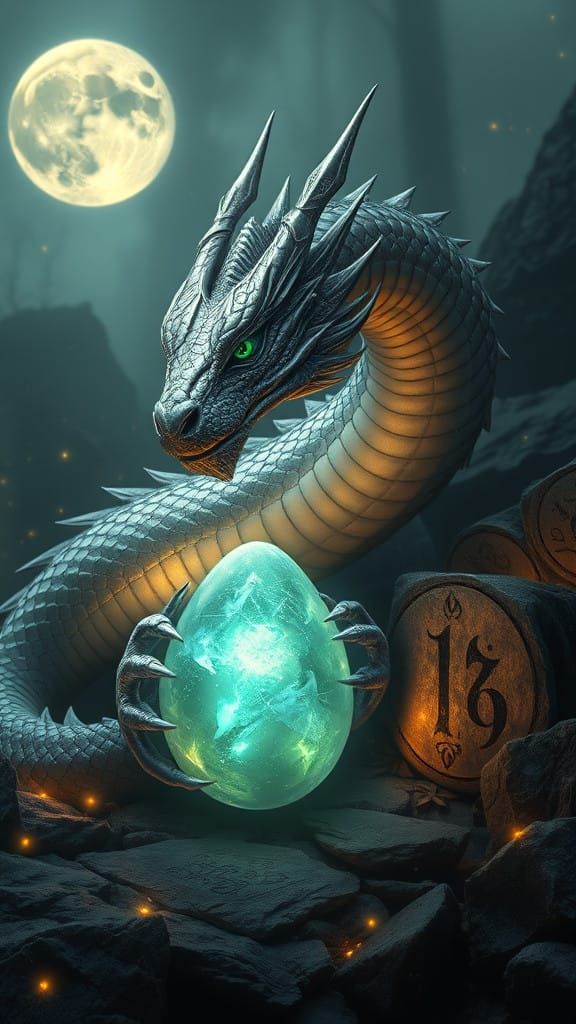 Moonlit Serpentine Dragon Guards Glowing Egg in Mystical For...