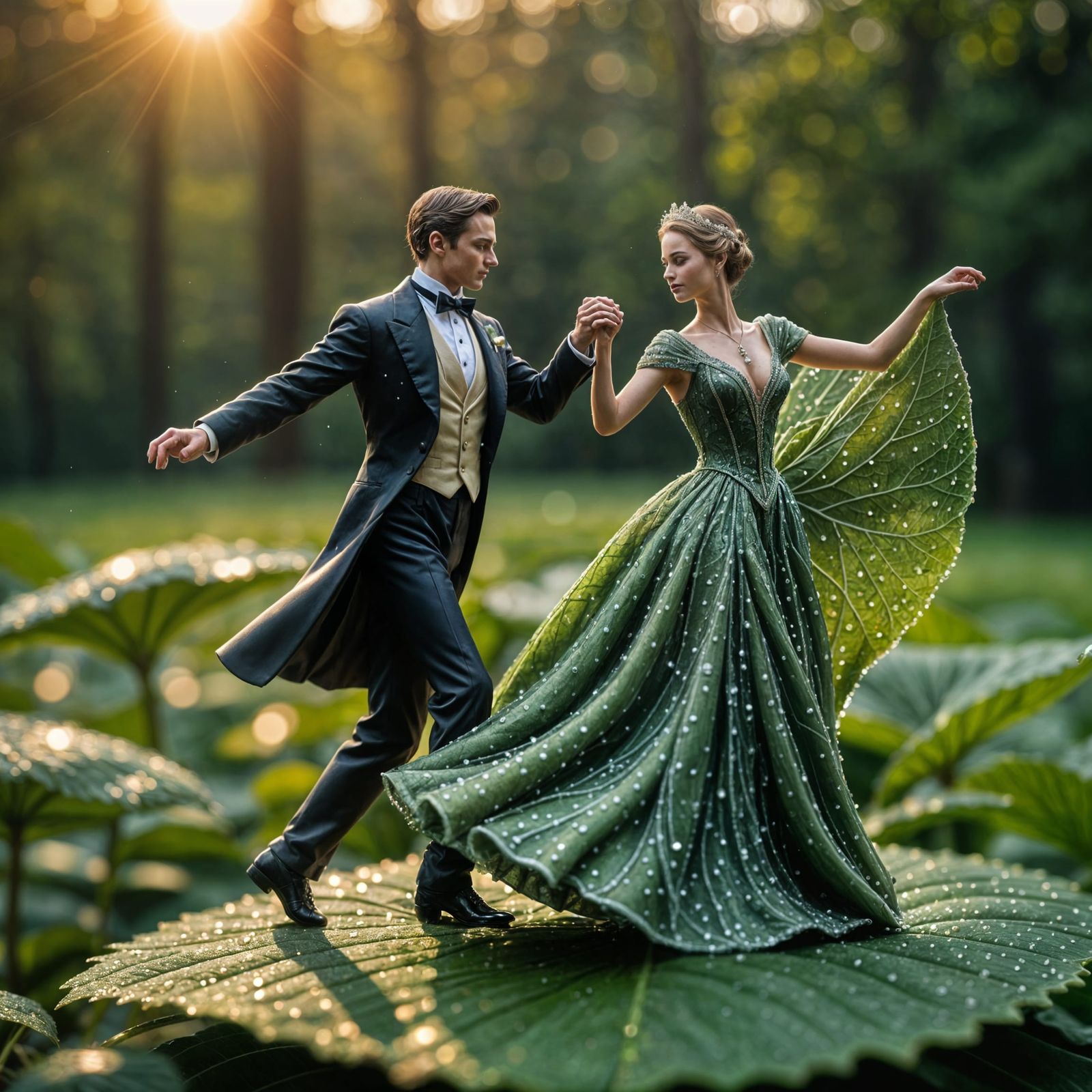 Miniature Couple Dancing on Leaf at Sunrise