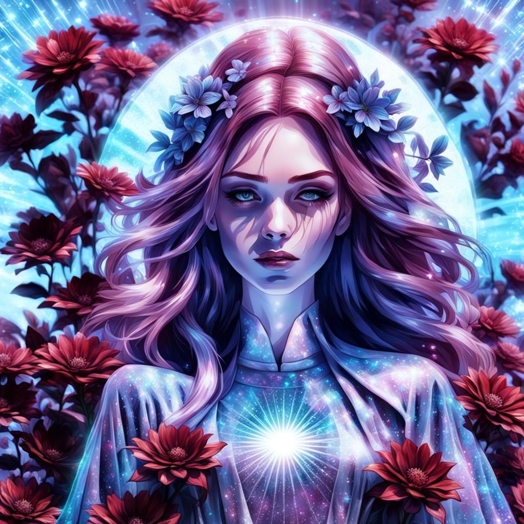 Holographic Woman with Maroon Flowers
