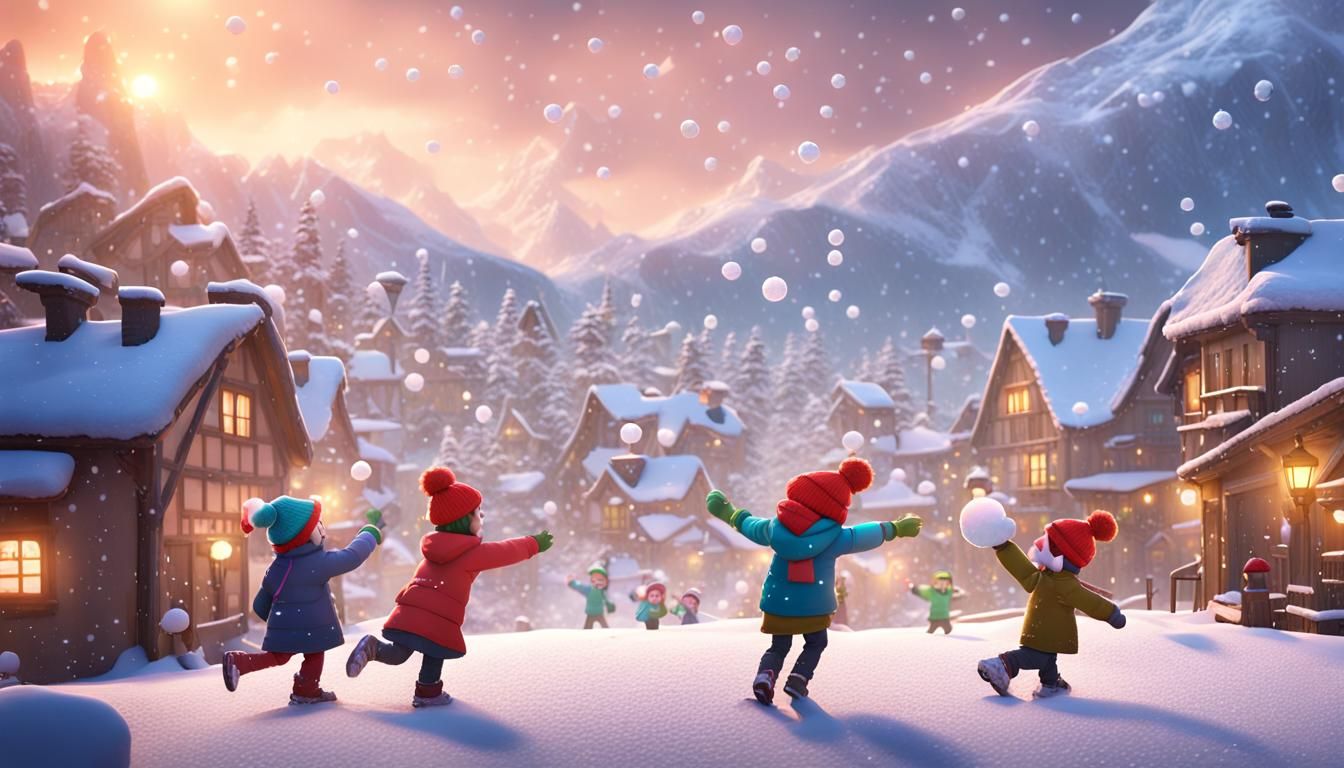 Children's Snowball Fight in Snowy Alpine Village
