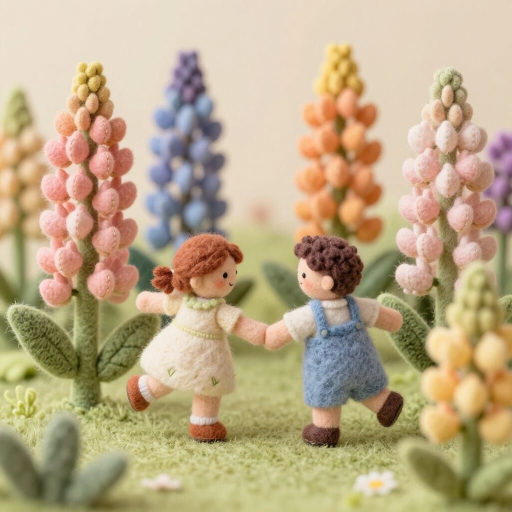Cute Plush Toy Meadow Scene with Dancing Children