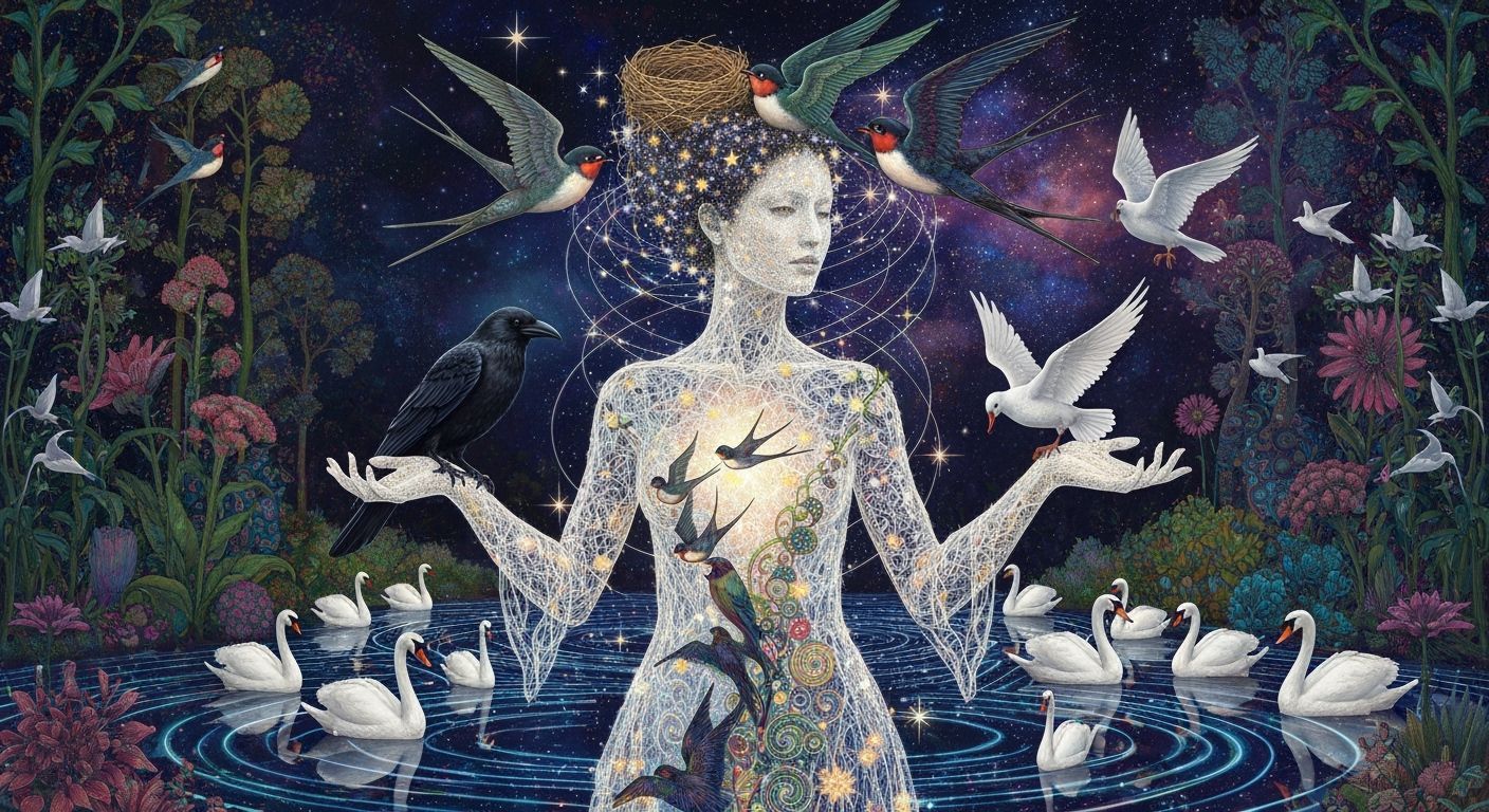 Ethereal Woman Dissolving into Birds Amidst Cosmic Energy