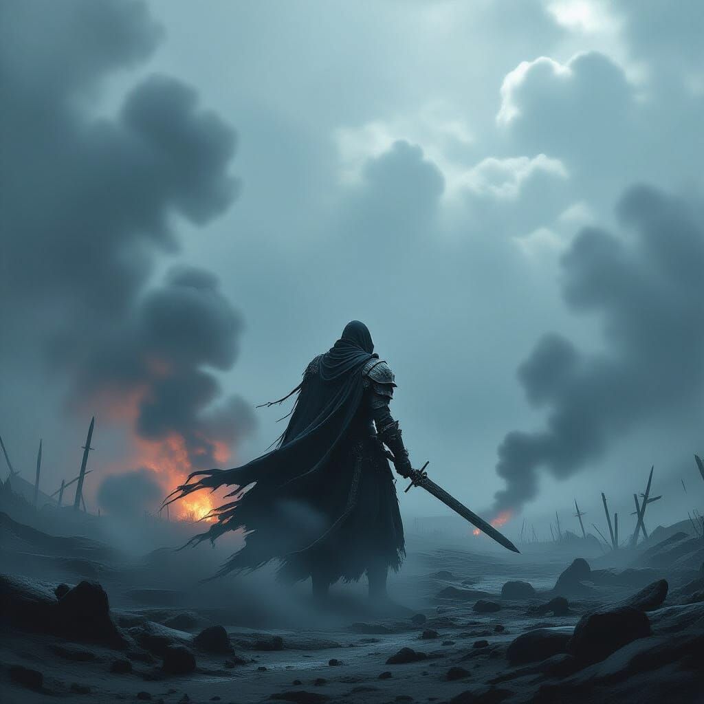 Grimdark Fantasy Warrior on Desolate Battlefield