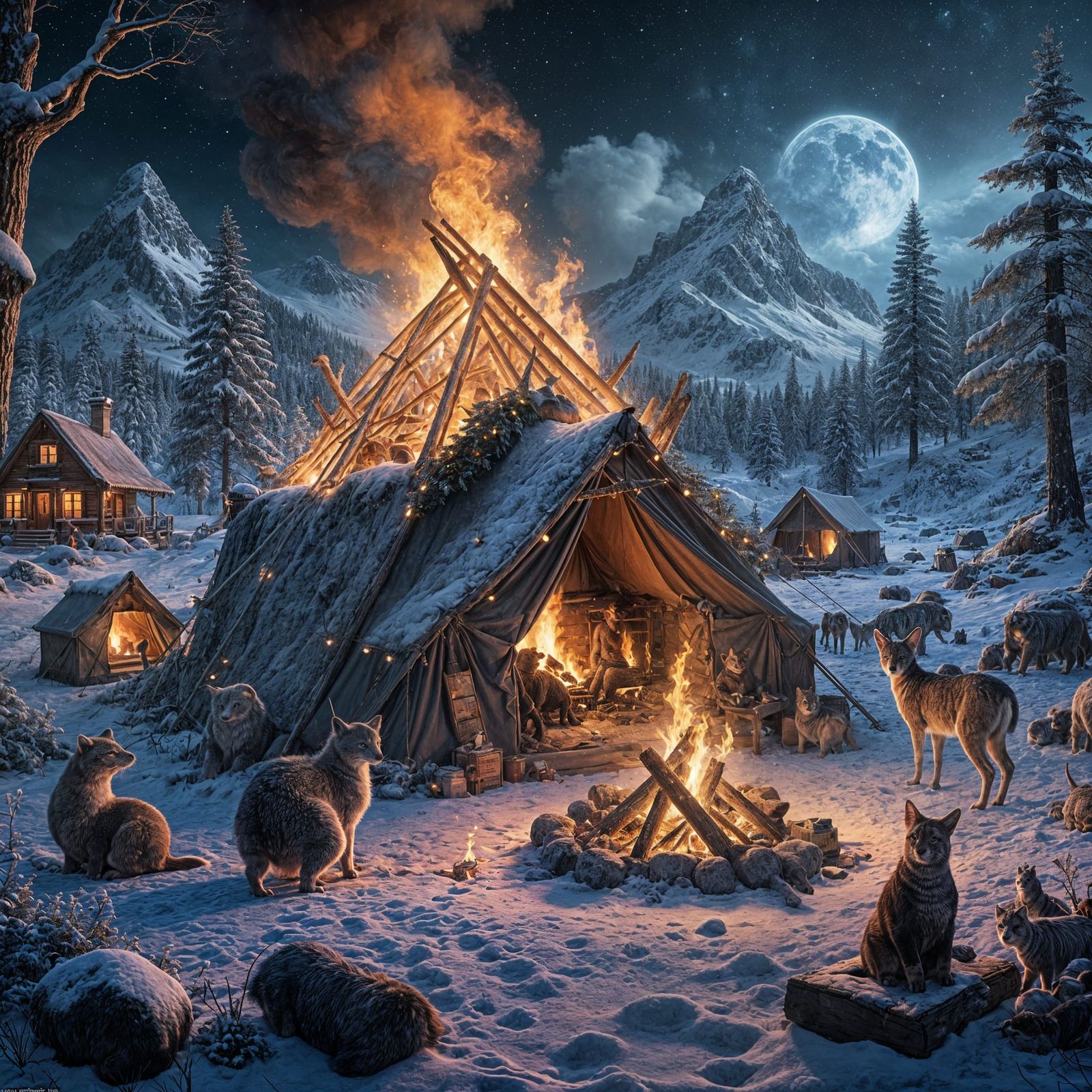 Whimsical Winter Wonderland Campsite Scene