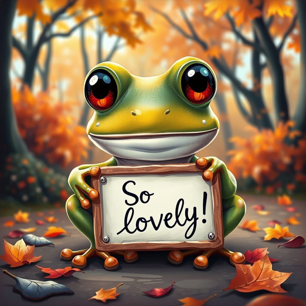 Cute Frog With "So Lovely!" Signboard In Autumn Park