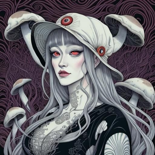 Surreal Woman Surrounded by Mushrooms in Psychedelic Art