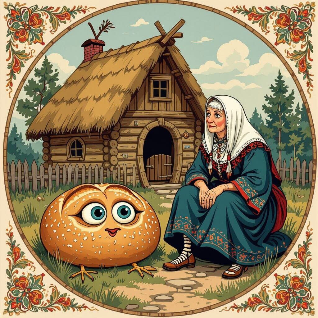 Baba Yaga and the Round Bread: Russian Fairy Tale Art