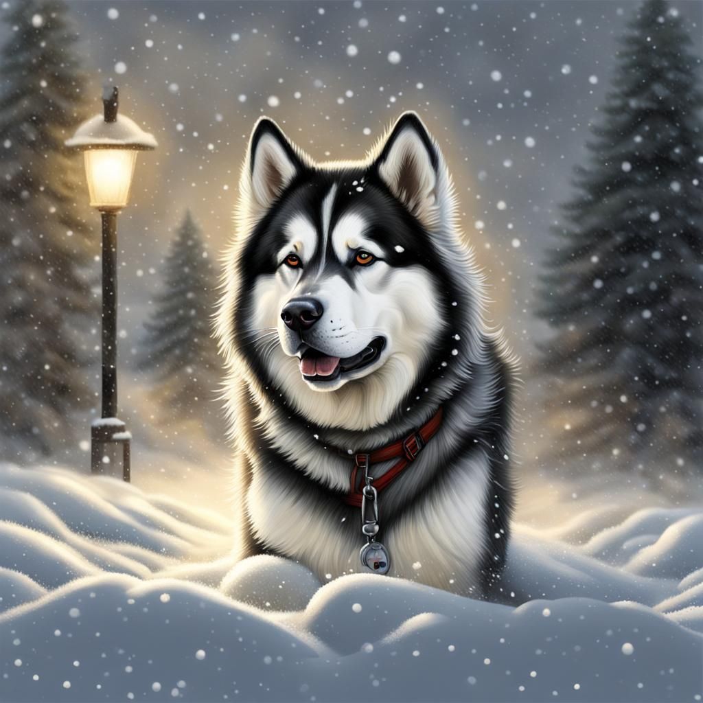 Hyperrealistic Alaskan Malamute in Winter Snow