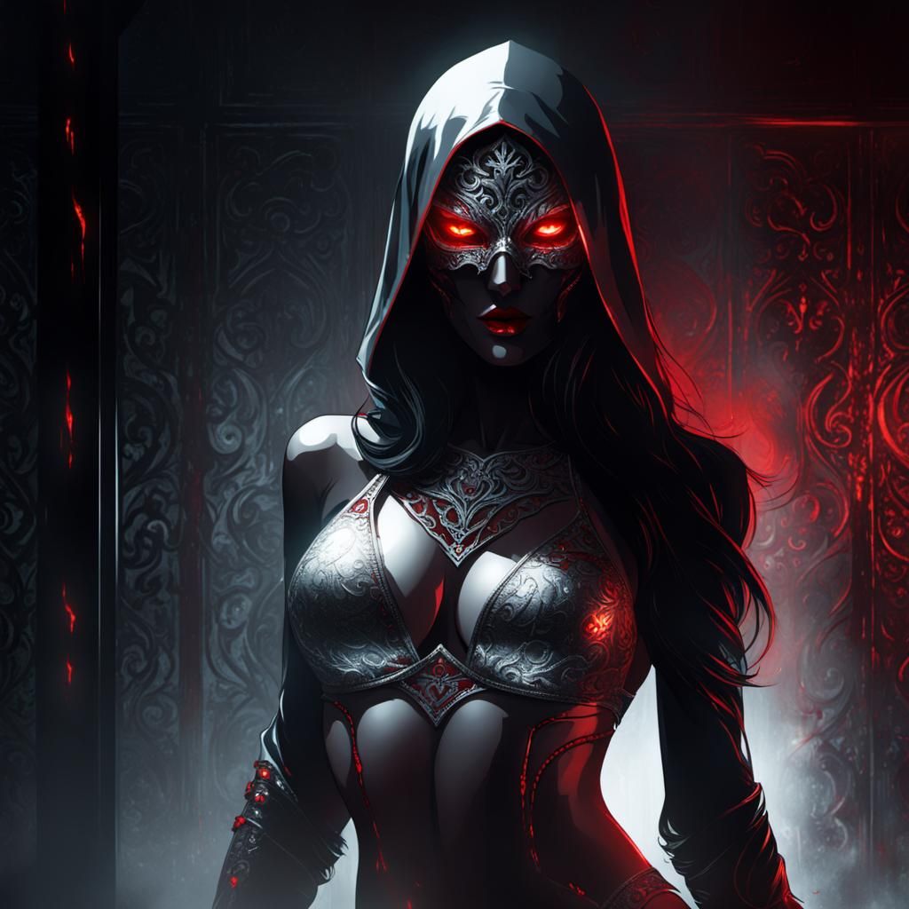 masked evil woman in a dark room, red eyes glowing, bikini