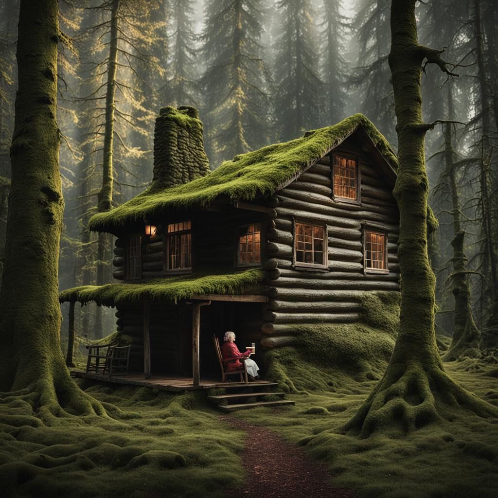 Cabin in Forest with Woman and Hot Chocolate