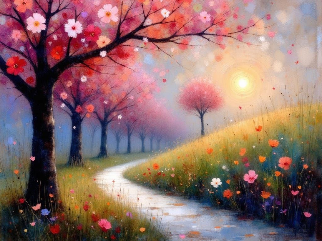 Whimsical Cherry Blossom Avenue at Dusk