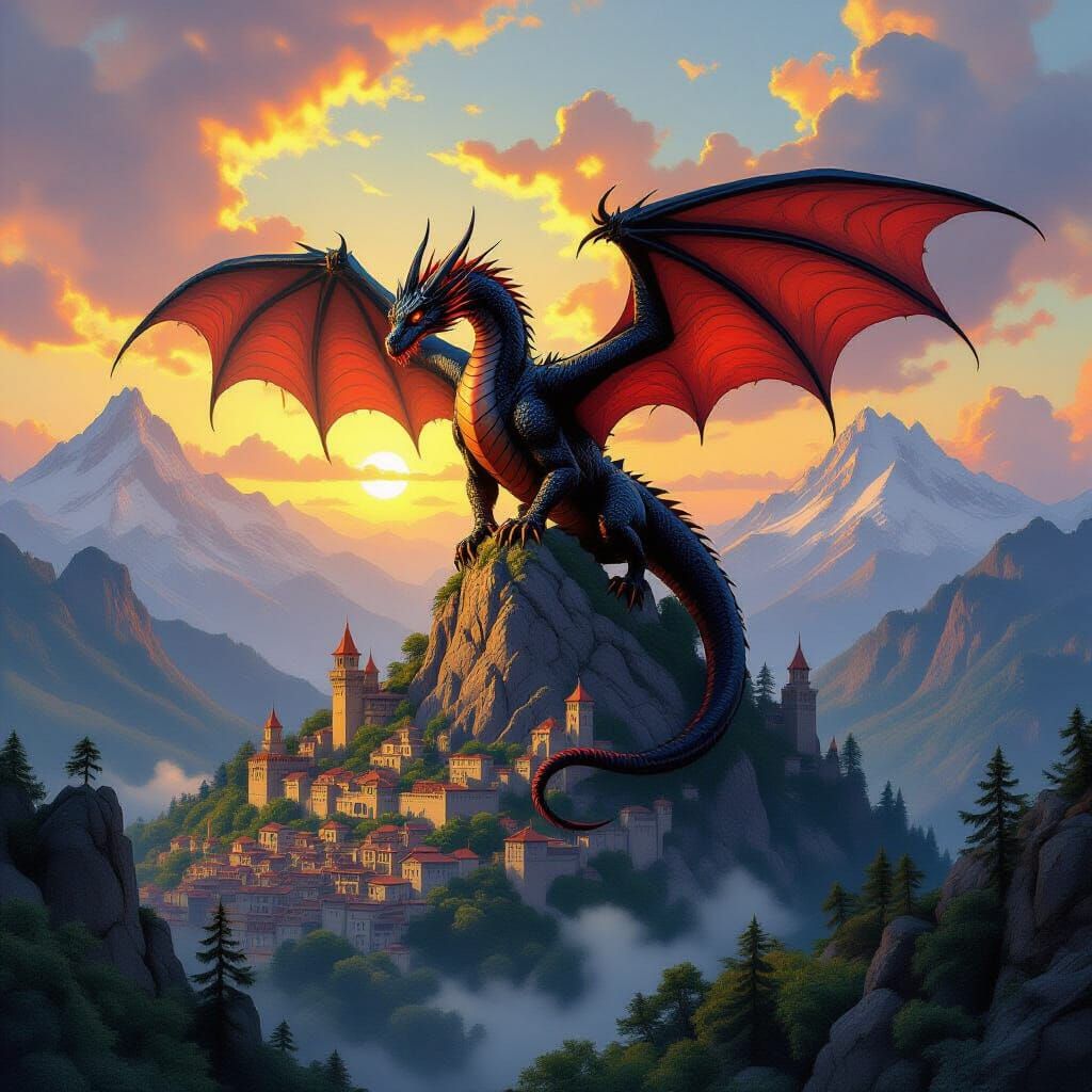 Black Dragon Ascends Mountain Peak Over Medieval City