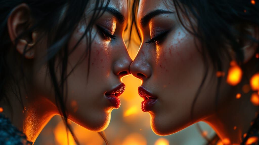 Passionate Warrior Women's Kiss Photorealistic Close-Up