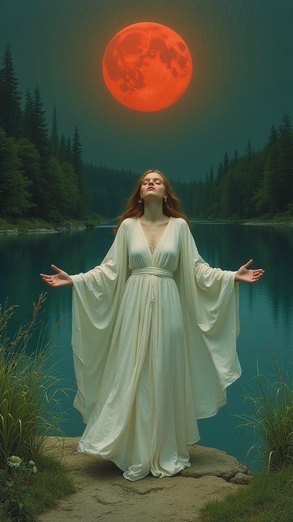 Serene Woman Embracing River's Gentle Flow Under a Full Red ...