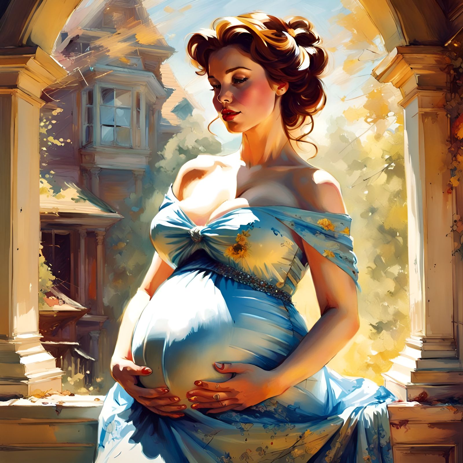 Pregnant Princess Belle Portrait in Vibrant Digital Art