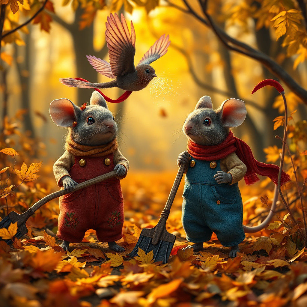 Mice Clearing Autumn Leaves in Whimsical Garden
