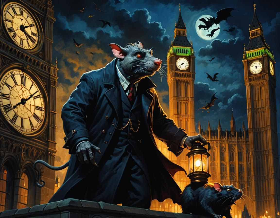 Epic Battle on Big Ben in Gothic Noir Style