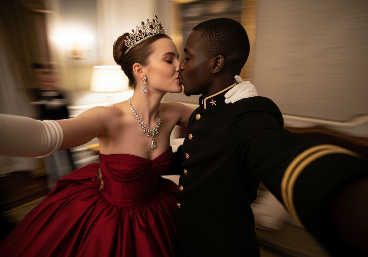 Passionate Kiss in Luxury Hotel Suite