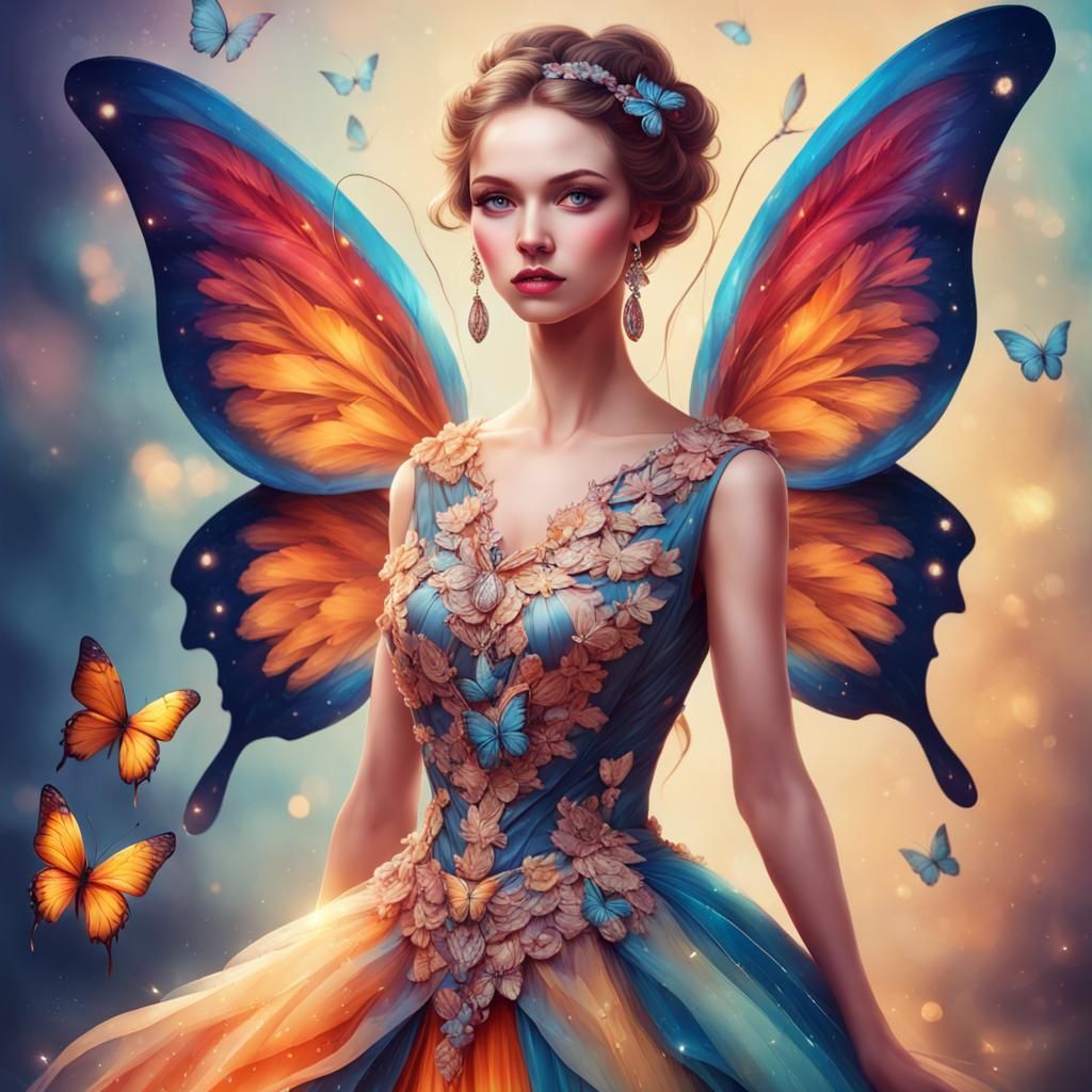 Butterfly Winged Woman in Unique Fashion Design