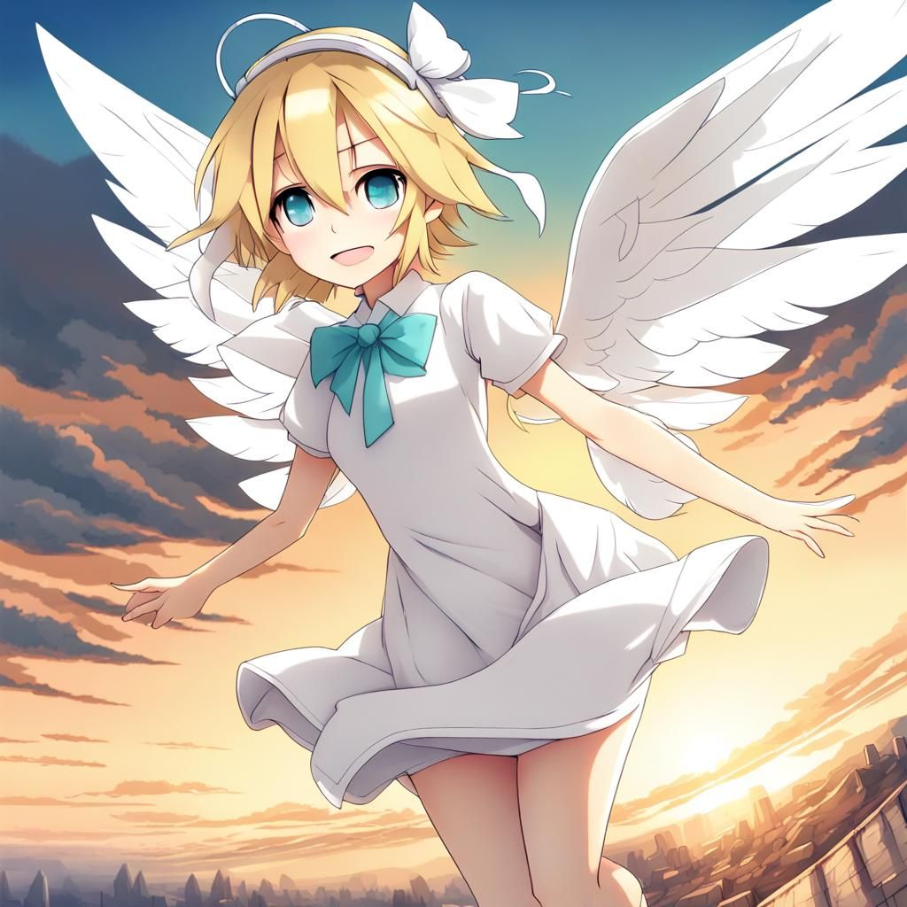 Rin Kagamine Angel Soaring at Sunrise: Digital Art