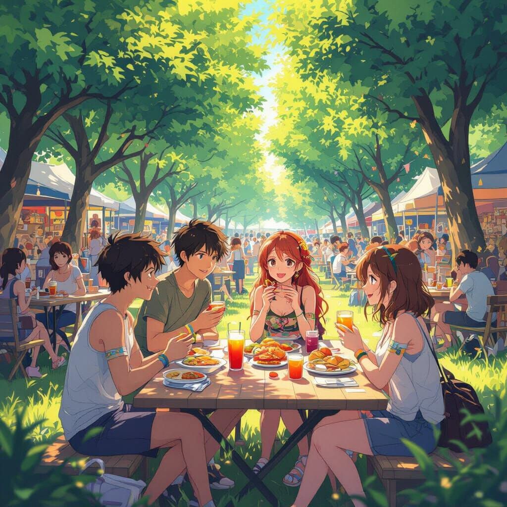 Vibrant Anime Summer Festival in Cel-Shaded Style