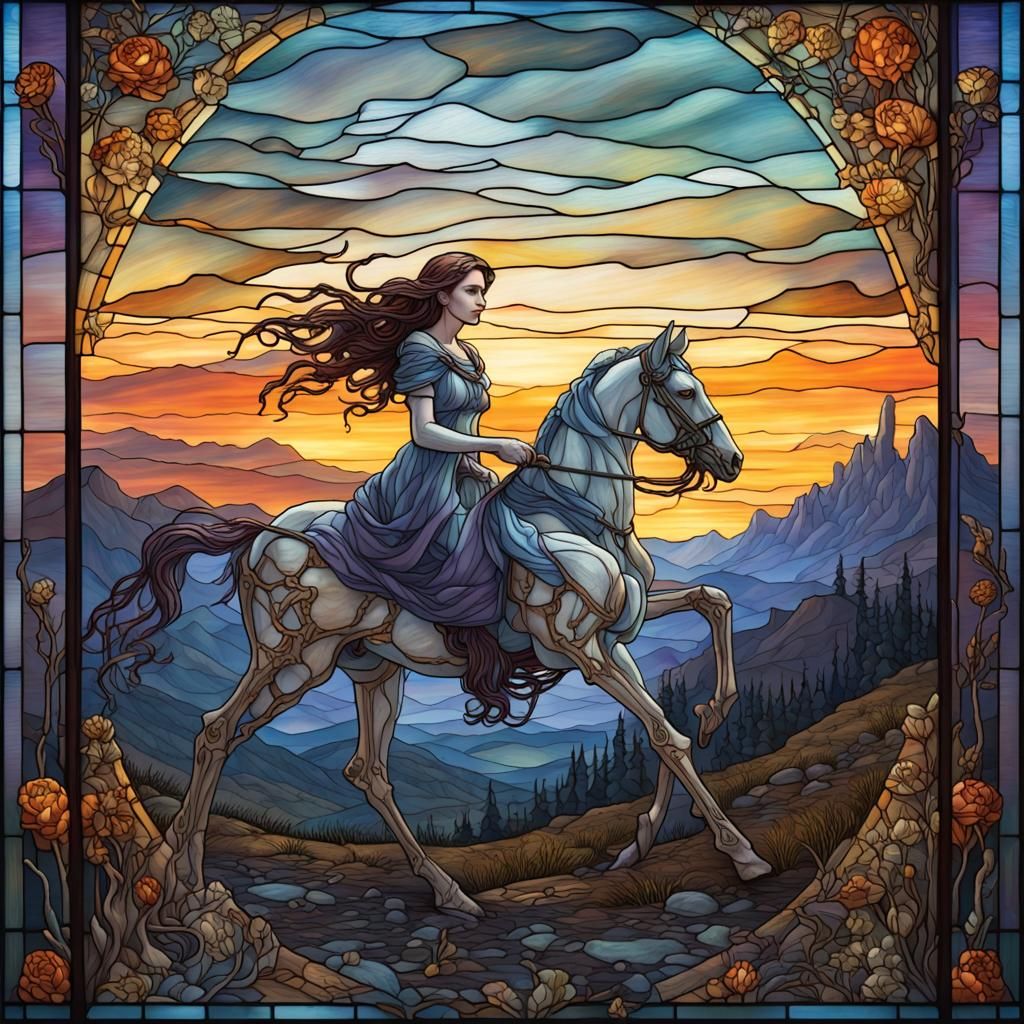 Stained Glass Maiden on Skeletal Horse