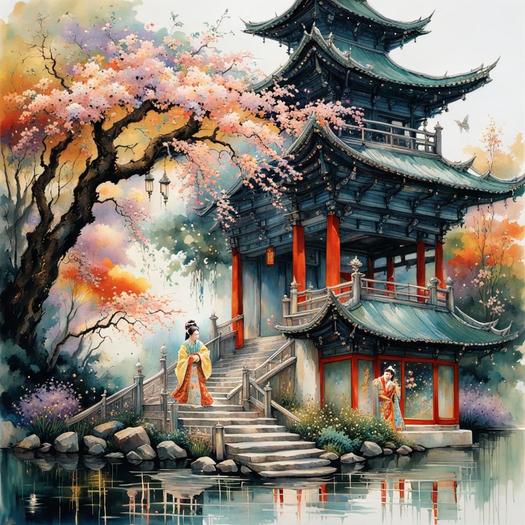 Exquisite Geisha Goddess Amidst Celestial Whirlwinds and Flo...