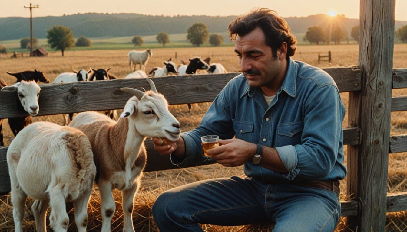 Man Feeds Baby Goats in Nostalgic Vintage Photo