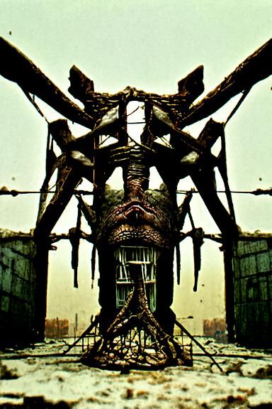 Ominous Body Horror Scene with Pyramid-Headed Figure