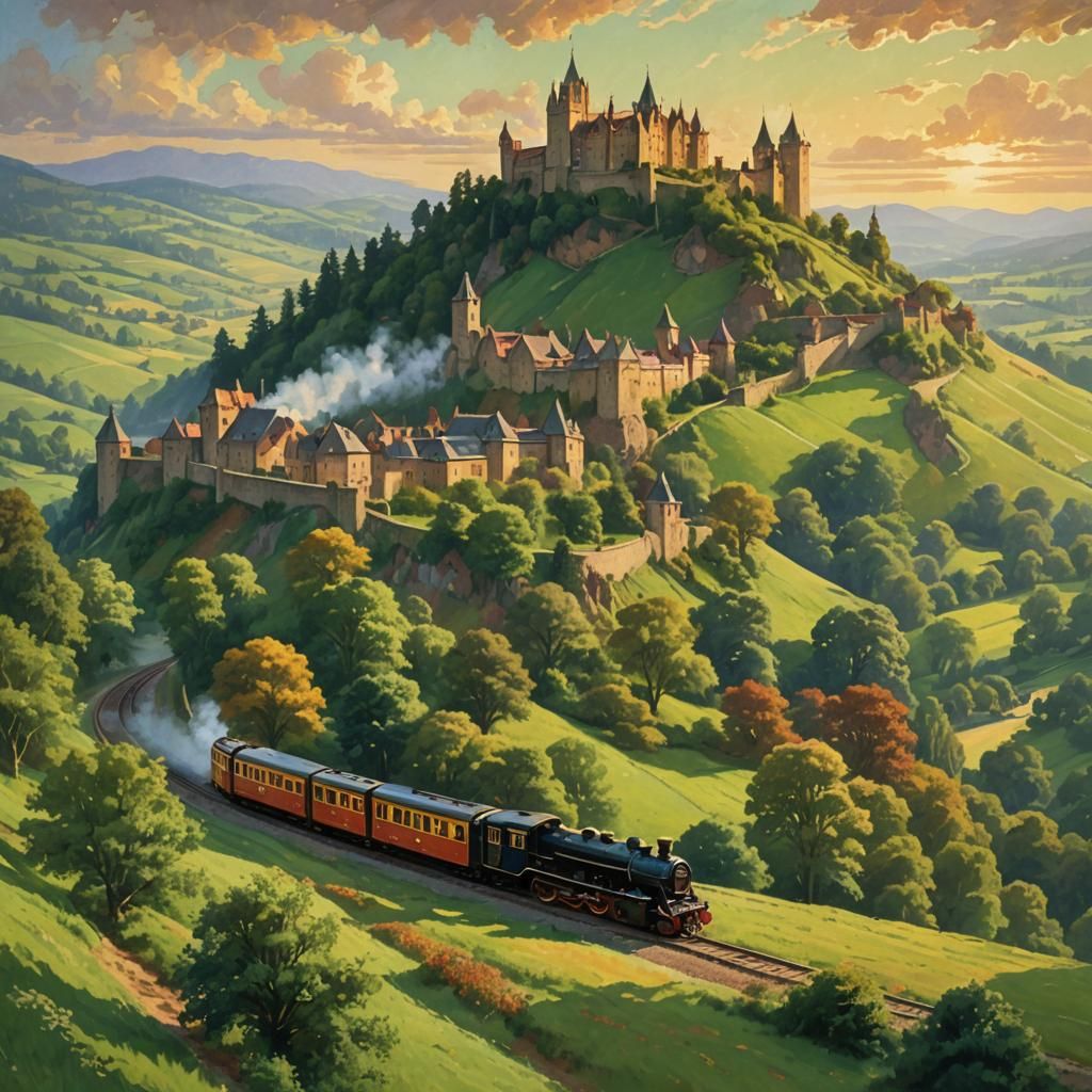 Vintage Train Through Lush Countryside as Impressionist Pain...